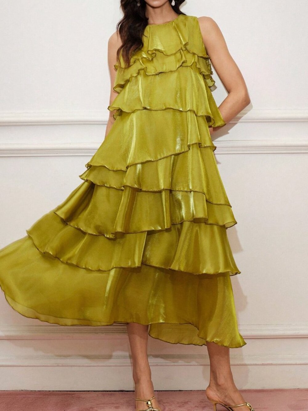 Green Party Women's Asymmetrical Ruffle Long Dress - Picture 6 of 7